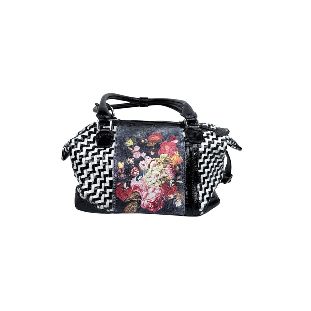 SHARIF  LEATHER HANDBAG Purse Black & White Color Floral Embroidery  14" x 10"